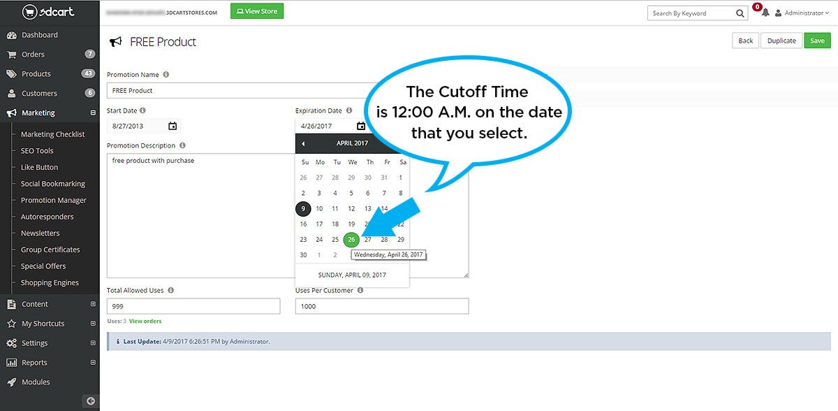 How to set cutoff dates in the 3dCart Promotion Manager - 3dCart Support Knowledgebase article