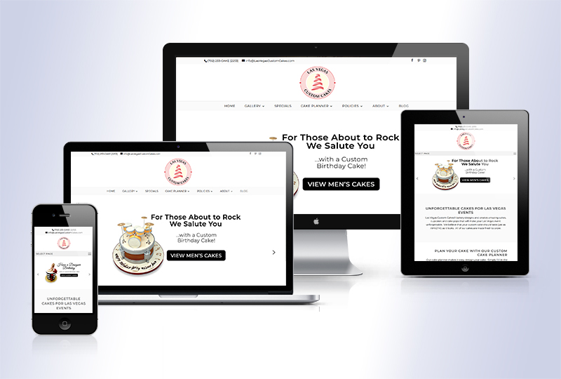 Las Vegas Custom Cakes WordPress website redesign- image showing how their new site looks on desktop, tablet, laptop and mobile phone screens