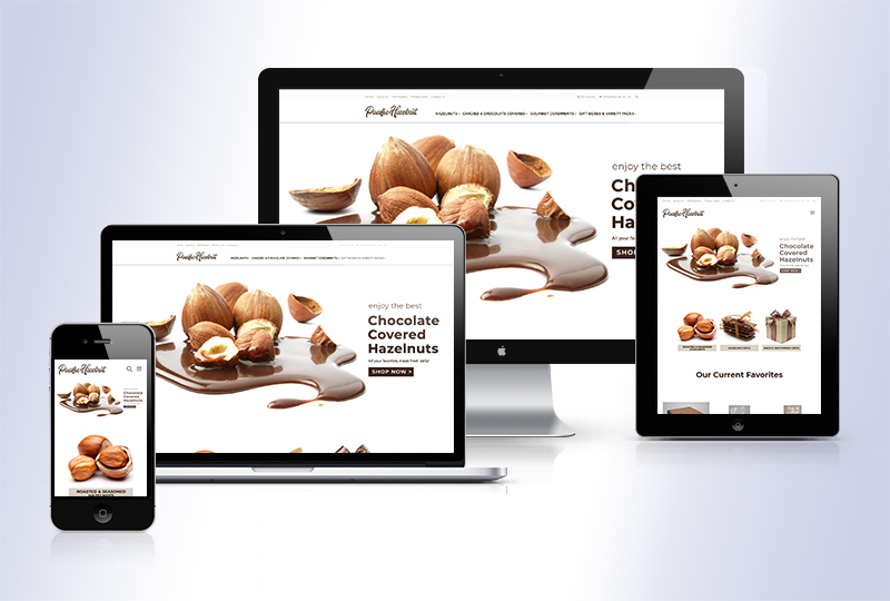 Pacific Hazelnut Farms e-commerce store redesign - image showing how their website looks on desktop, tablet, mobile phone and laptop computer screens