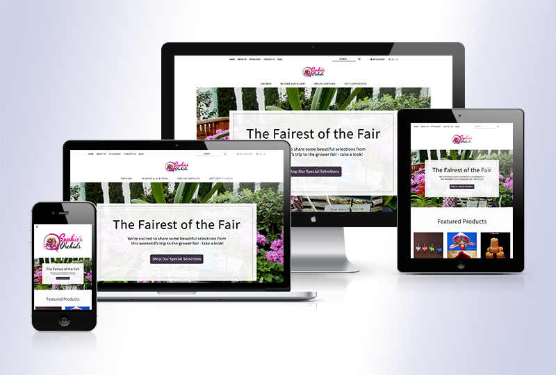 e-commerce store redesign for a flower shop that sells rare orchids. Image shows the website is easily viewable on mobile phones, laptops, desktop computers and tablets.