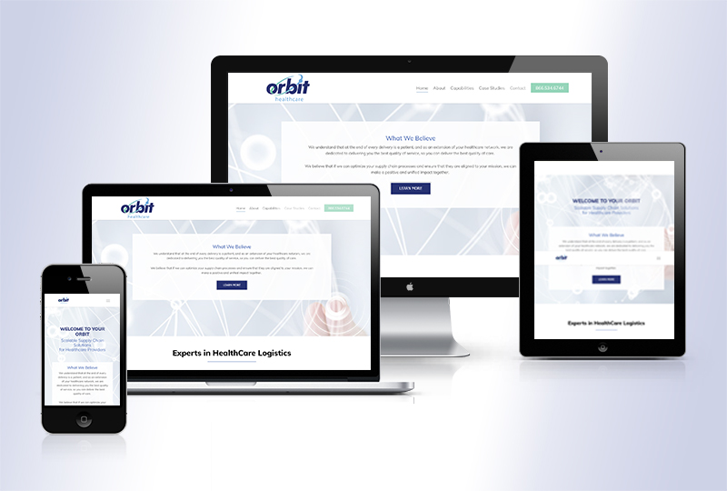 Orbit Healthcare Logistics WordPress website redesign - image showing how the website can be easily viewed on mobile phones, desktop, laptop and tablet screens