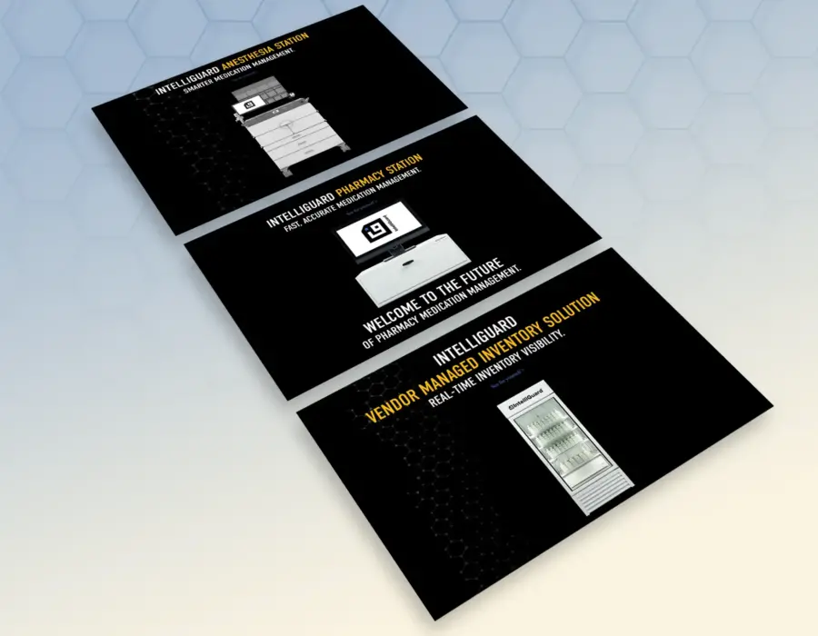 Portfolio image of three screenshots from animated landing pages created for Intelliguard RFID products.